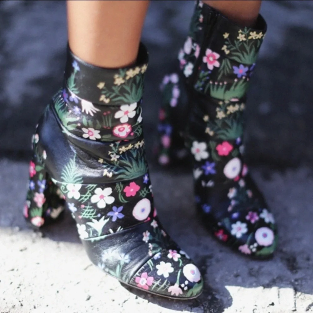 Valentino Camugarden paneled floral leather mid-calf boots size IT 37 US 7 - Picture 15 of 16